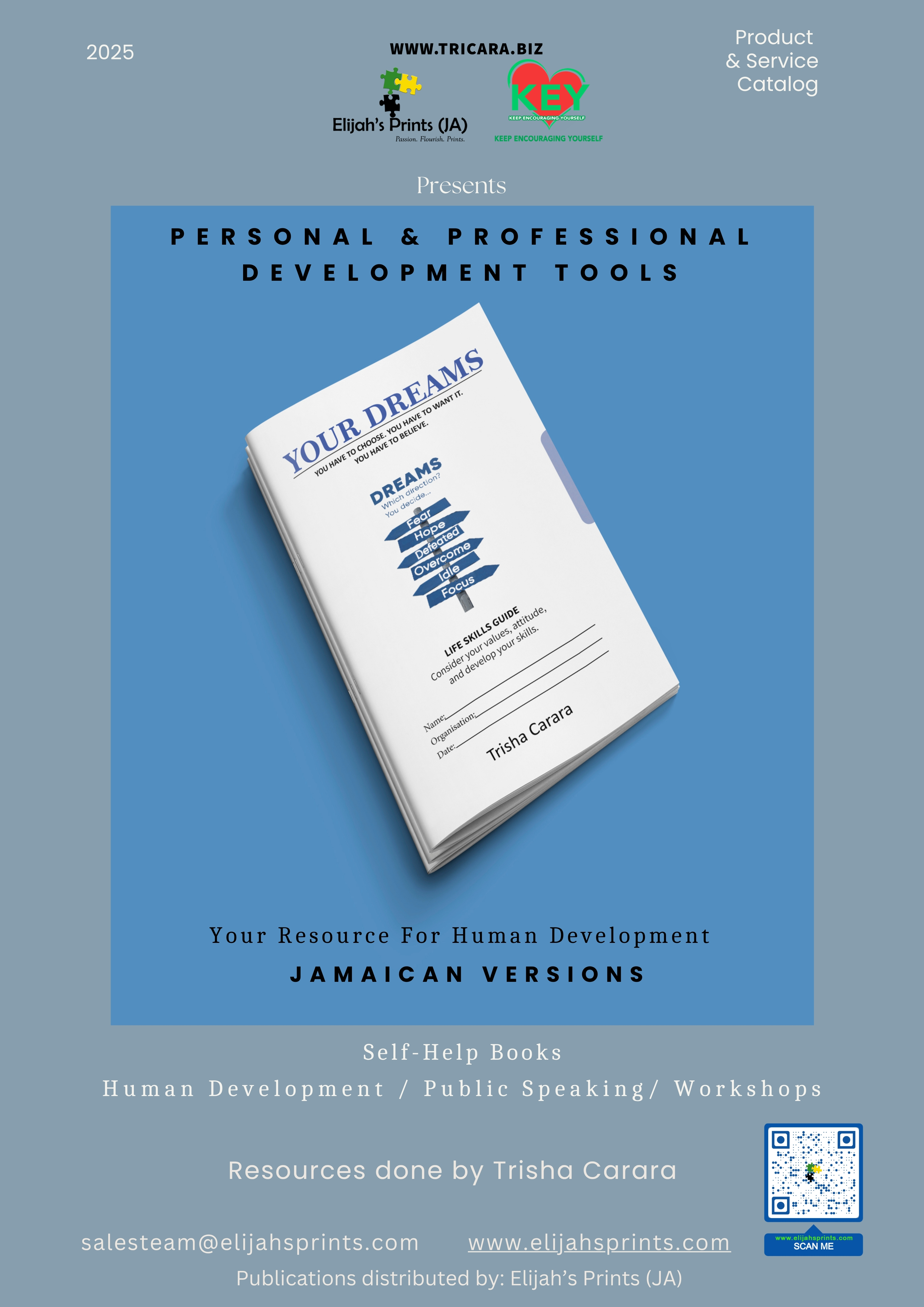 Jamaican Version Product Catalogue cover featuring personal and professional development tools by Trisha Carara, published by Elijah's Prints JA